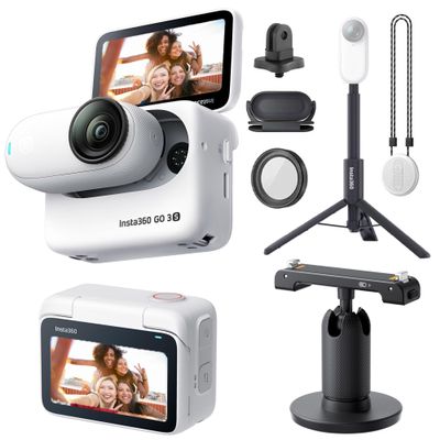 Insta360 GO 3S (White) 128GB Tiny Mighty 4K Action Vlogging Camera, Portable, Mount Anywhere, Waterproof, Stabilization, Hands-Free POV, + Action Pod and Wearable Accessories + Selfie Stick + Tripod
