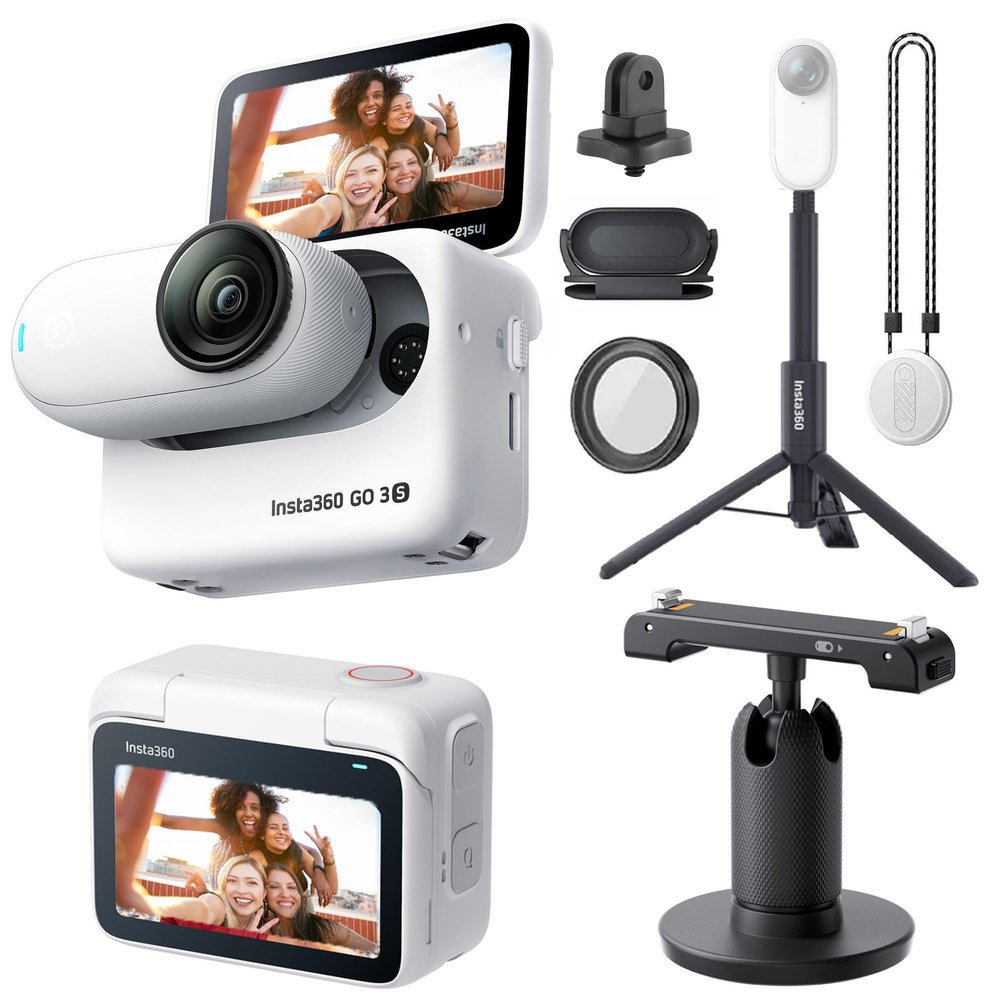 Insta360 GO 3S (White) 128GB Tiny Mighty 4K Action Vlogging Camera, Portable, Mount Anywhere, Waterproof, Stabilization, Hands-Free POV, + Action Pod and Wearable Accessories + Selfie Stick + Tripod