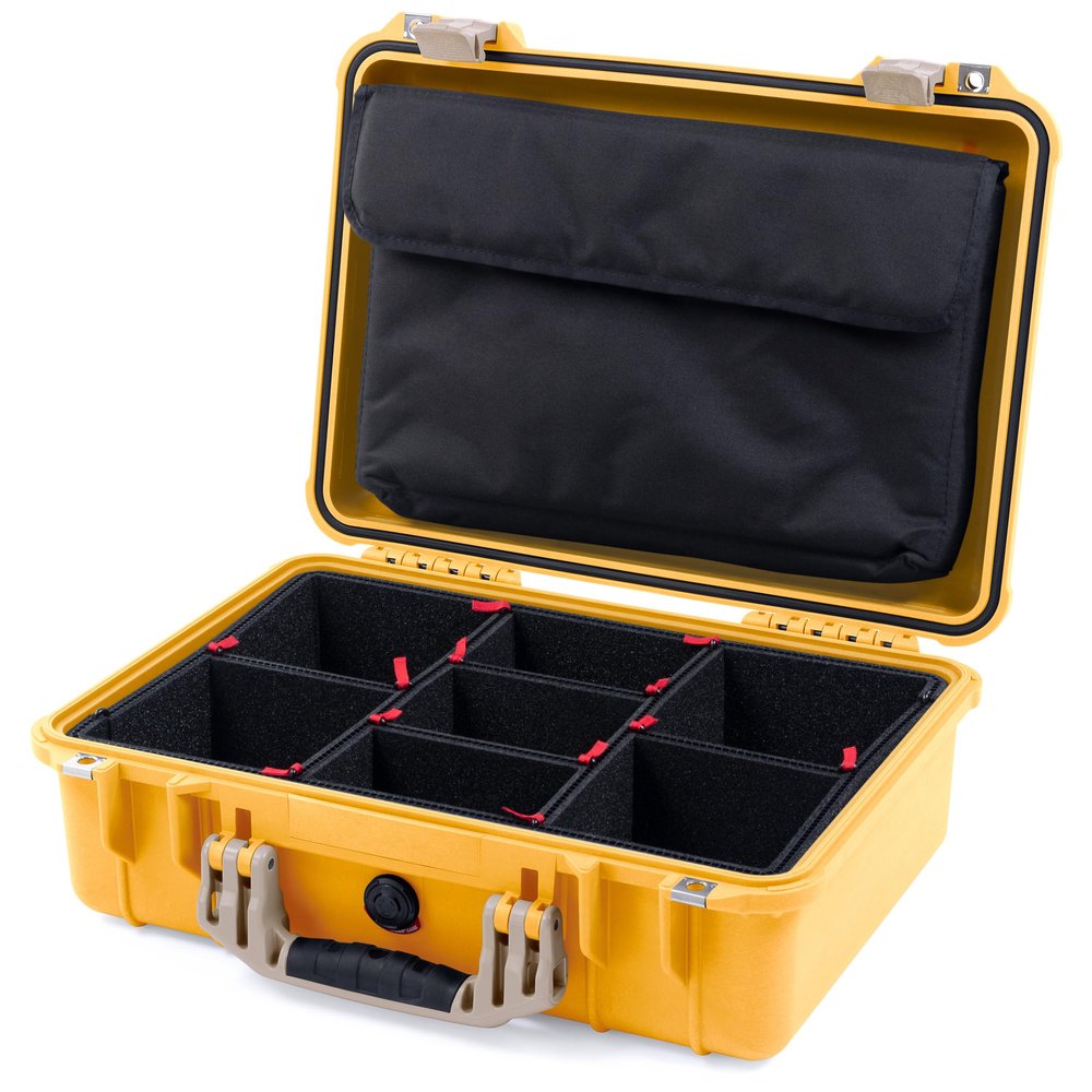 ColorCase Pelican 1500 Case Yellow - Medium Size Waterproof Case with TrekPak Divider & Computer Lid Organizer - Desert Tan Handles & Latches