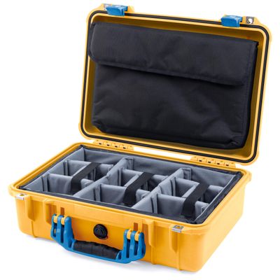 ColorCase Pelican 1500 Case Yellow - Medium Size Waterproof Case with Gray Divider & Computer Lid Organizer - Blue Handles & Latches