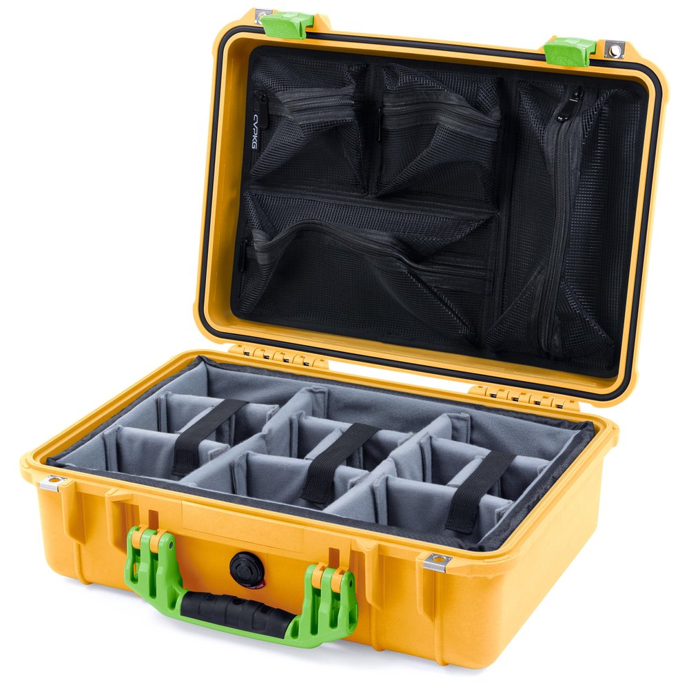 ColorCase Pelican 1500 Case Yellow - Medium Size Waterproof Case with Gray Divider & Mesh Lid Organizer - Lime Green Handles & Latches