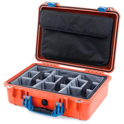 ColorCase Pelican 1500 Case Orange - Medium Size Waterproof Case with Gray Divider & Computer Lid Organizer - Blue Handles & Latches