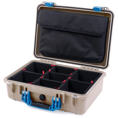 ColorCase Pelican 1500 Case Desert Tan - Medium Size Waterproof Case with TrekPak Divider & Computer Lid Organizer - Blue Handles & Latches