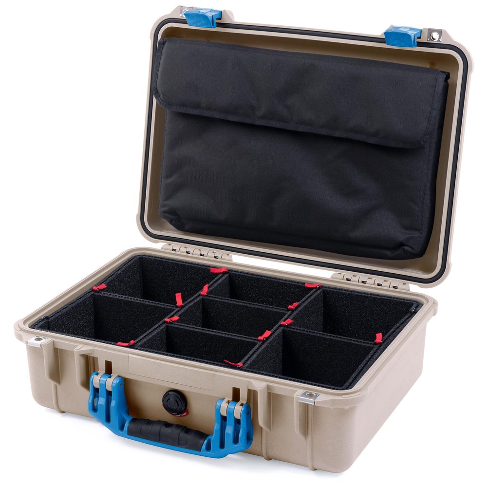 ColorCase Pelican 1500 Case Desert Tan - Medium Size Waterproof Case with TrekPak Divider & Computer Lid Organizer - Blue Handles & Latches