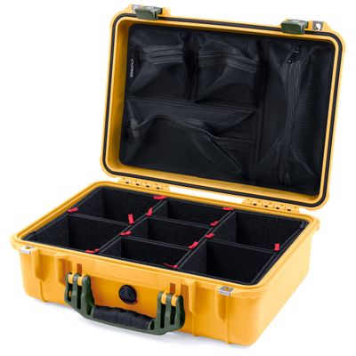ColorCase Pelican 1500 Case Yellow - Medium Size Waterproof Case with TrekPak Divider & Mesh Lid Organizer - OD Green Handles & Latches