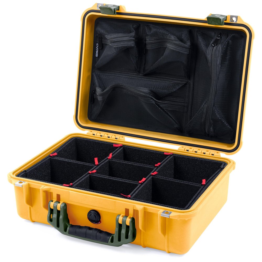 ColorCase Pelican 1500 Case Yellow - Medium Size Waterproof Case with TrekPak Divider & Mesh Lid Organizer - OD Green Handles & Latches