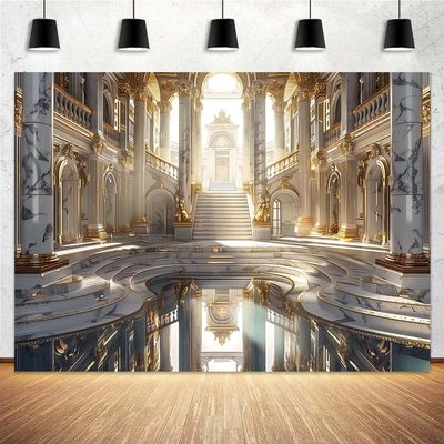 10x8ft Retro Golden Luxury Palace Hall Backdrop Grand Opera Castle Luxurious Chandelier Staircase European Paris Interior Background for Wedding Birthday Party Ceremony Photo Booth Props