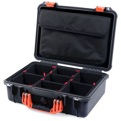 ColorCase Pelican 1500 Case Black - Medium Size Waterproof Case with TrekPak Divider & Computer Lid Organizer - Orange Handles & Latches