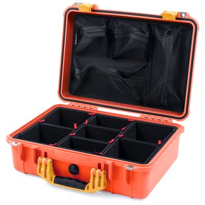 ColorCase Pelican 1500 Case Orange - Medium Size Waterproof Case with TrekPak Divider & Mesh Lid Organizer - Yellow Handles & Latches