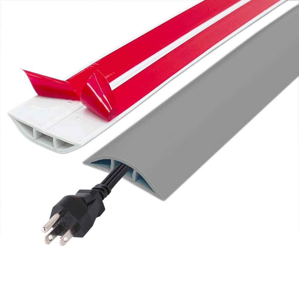 ZEYUE Floor Cord Cover,5ft Cable Protector & Hider,Prevent Cable Trips,Self Adhesive,Cable Management & Organizer,Soft PVC Extension Wire Cover,Cable Cavity = 0.47" (W) x 0.31" (H) - Grey
