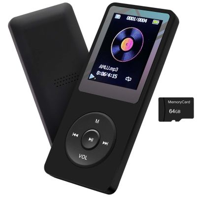 MP3 Player 64GB with Speaker Earphone Portable HiFi Lossless Sound MP3 Mini Music Player Voice Recorder E-Book HD Screen 1.8 inch Black Support up to 128GB
