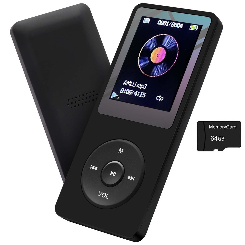 MP3 Player 64GB with Speaker Earphone Portable HiFi Lossless Sound MP3 Mini Music Player Voice Recorder E-Book HD Screen 1.8 inch Black Support up to 128GB