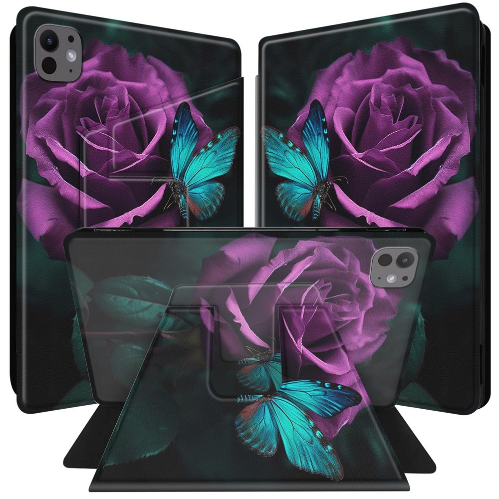 BPQOJB for iPad Pro 13 inch Case 2024 M4 7th Generation with 360 Degree Rotating PU Leather Smart Cover with Auto Wake/Sleep Tablet Case for iPad Pro 13 inch 2024 - Green Butterfly and Rose