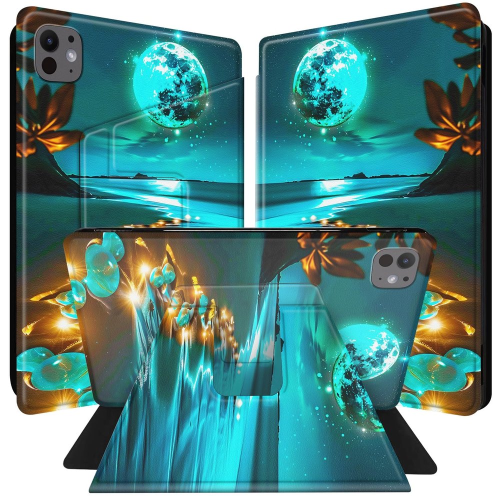 BPQOJB for iPad Pro 13 inch Case 2024 M4 7th Generation with 360 Degree Rotating PU Leather Smart Cover with Auto Wake/Sleep Tablet Case for iPad Pro 13 inch 2024 - Beach and Moon