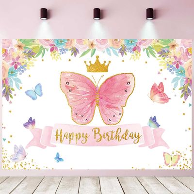 15x8ft Butterfly Happy Birthday Backdrop Colorful Butterfly Flowers Dots Photography Background Girls Women Birthday Party Decorations Banner Supplies Photo Studio Props