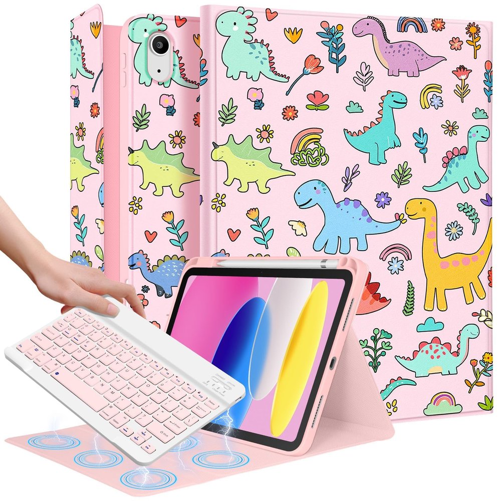 Wazzasoft for iPad 10th Generation Case with Keyboard - for iPad A16 Cases Pencil Holder 10.9 Inch Cover Women Girl Cute Girly Teen Dino Unique Design Funda for Apple Tablet 10th/11th gen