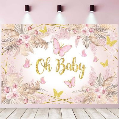 10x6.5ft Butterfly Baby Shower Backdrop Boho Oh Baby Pink Butterfly Flowers Photography Background Kids Girls Baby Shower Party Decorations Banner Supplies Photo Studio Props