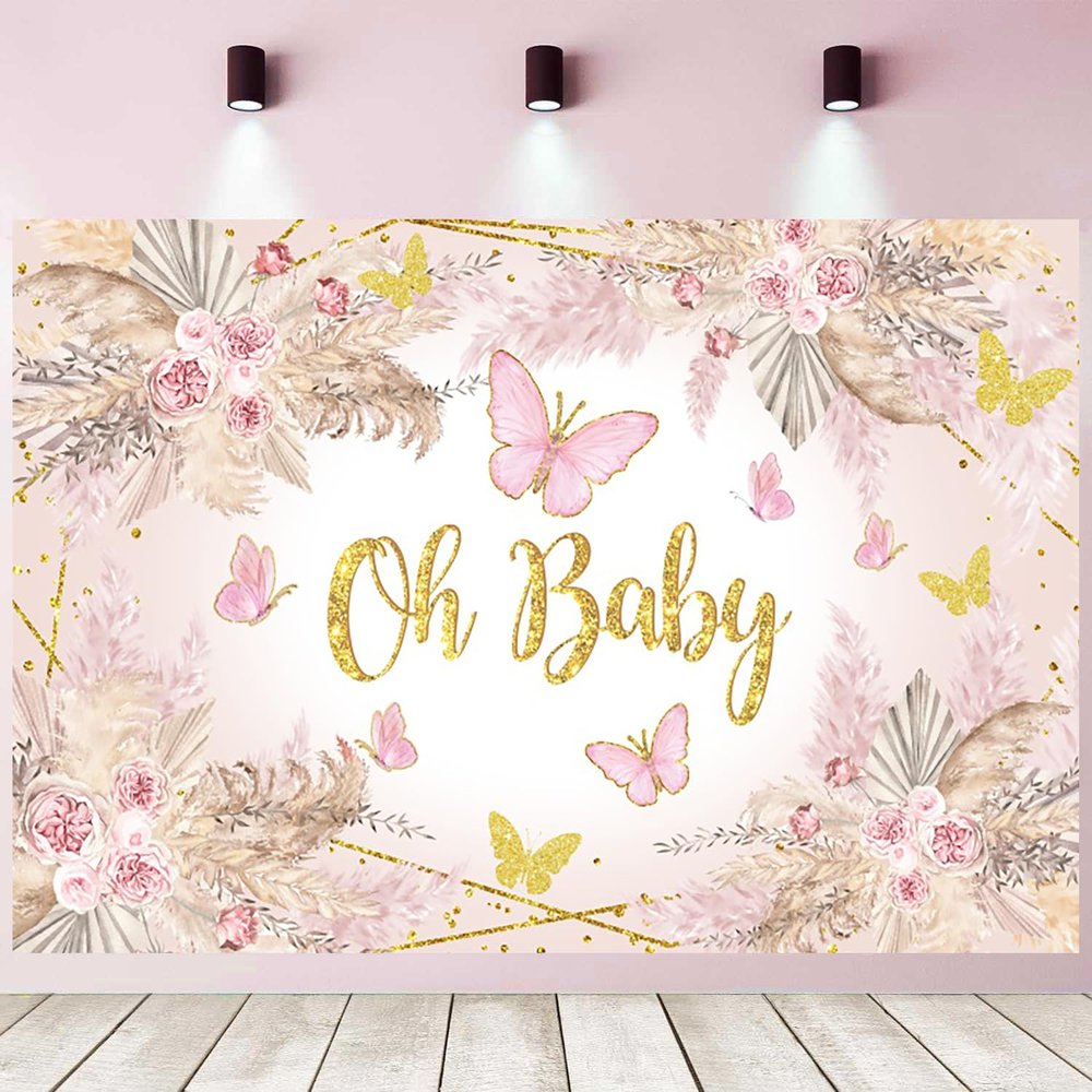 10x6.5ft Butterfly Baby Shower Backdrop Boho Oh Baby Pink Butterfly Flowers Photography Background Kids Girls Baby Shower Party Decorations Banner Supplies Photo Studio Props