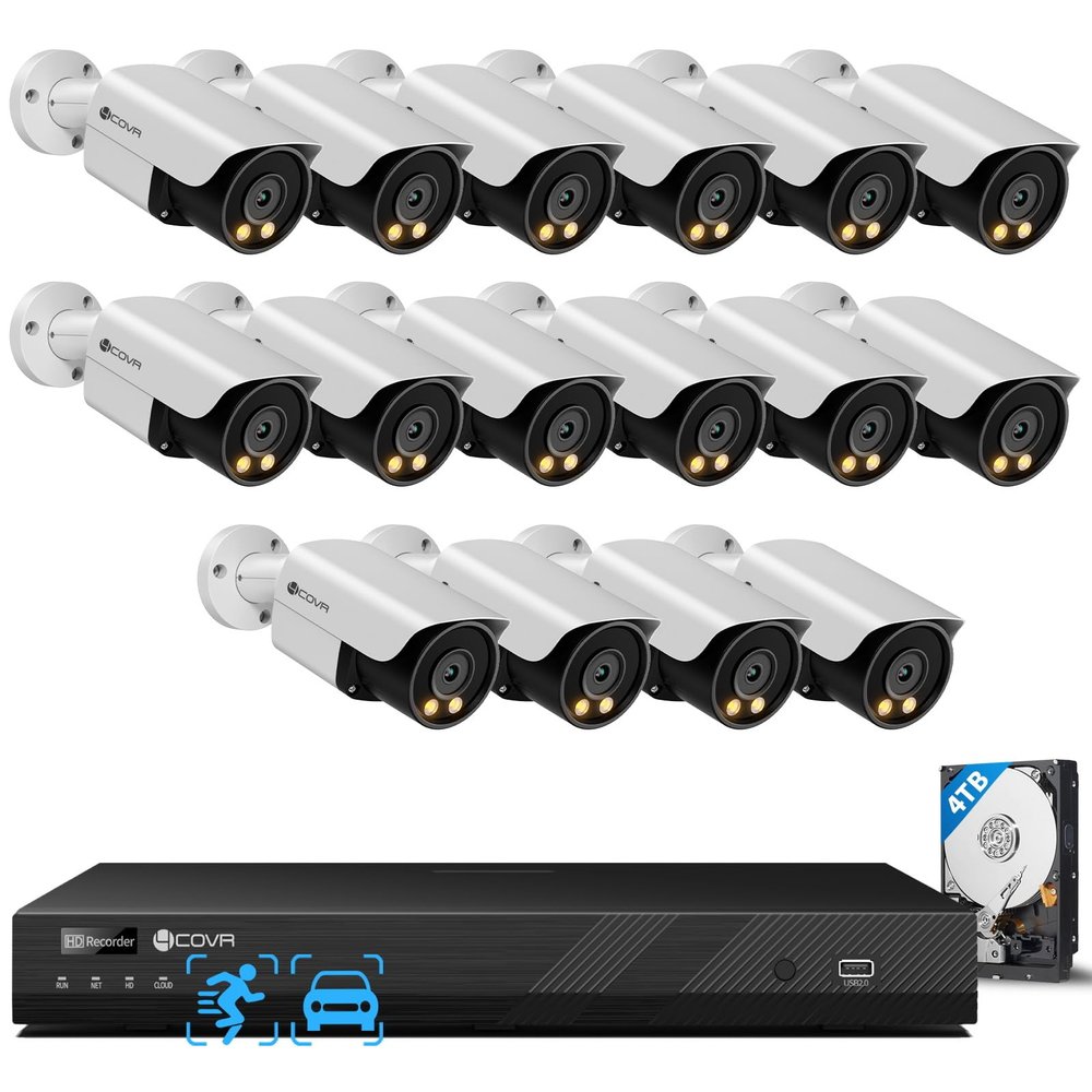4COVR 16 Channel Security Camera System PoE, 2-Way Talk & Dual Lights Smart Full Color Night Vision, 16x 5MP Business IP67 Bullet IP Camera AI Human Vehicle Detection, 16CH NVR 4TB HDD, LY37YX5M1616