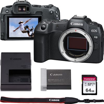 Canon EOS R8 4K Video Recording Mirrorless Camera (Body) with 64GB Fast Transcend Memory Card, Black (Renewed)
