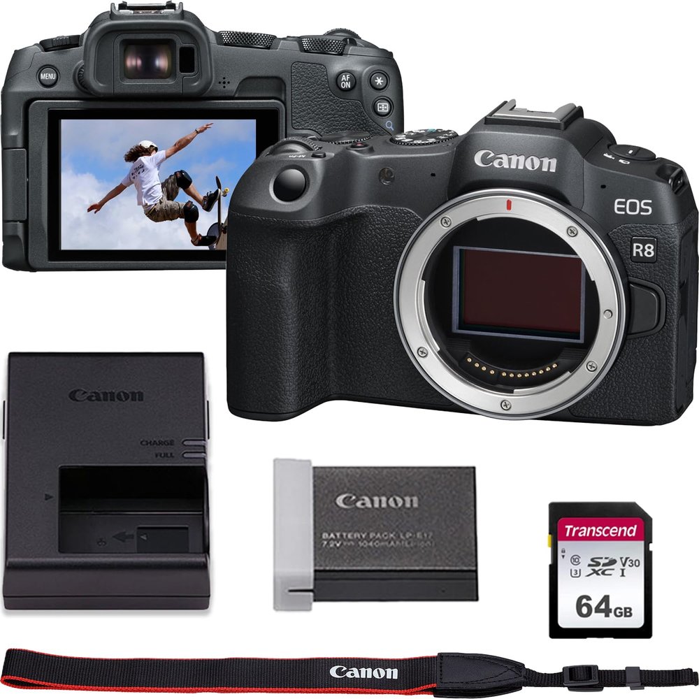 Canon EOS R8 4K Video Recording Mirrorless Camera (Body) with 64GB Fast Transcend Memory Card, Black (Renewed)