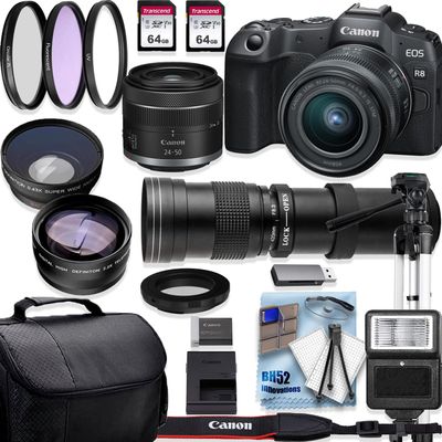 Canon EOS R8 4K Video Recording Mirrorless Camera with 24-50mm and 420-800mm f/8.3 HD Telephoto Zoom Lenses + 2 X 64GB Fast Transcend Memory +Accessory Bundle (Renewed)