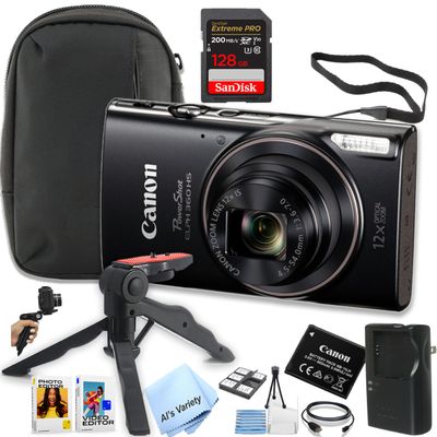 Canon PowerShot ELPH 360 HS Digital Camera + 128Gb Extreme PRO Memory + Case, Grip, Software Pack (Essential Bundle) (Renewed), Black