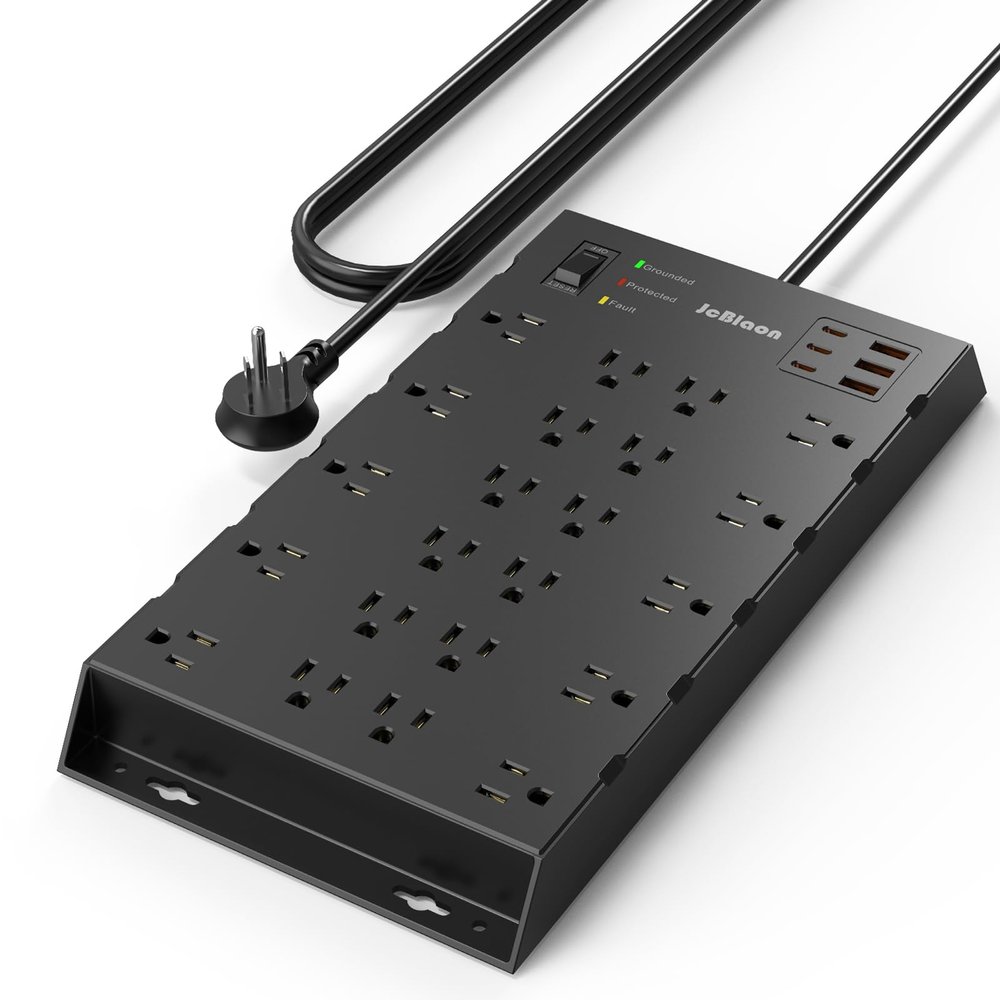 22 Outlets & 6 USB Big Power Strip, Jcblaon Surge Protector with 3USB C & 3USB A Charging Ports, 6.5ft Flat Plug Heavy Duty Extension Cord(1875W/15A)2100J, 14AWG,Wall Mountable for Garden,Shed, Black