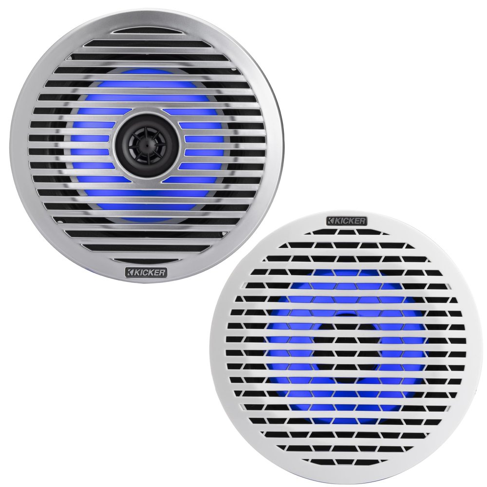Kicker 51KM614FL 6.5-Inch (165mm) Thin-Mount Marine Coaxial Speakers with RGB LED, 4-Ohm, White & Silver Grilles Included