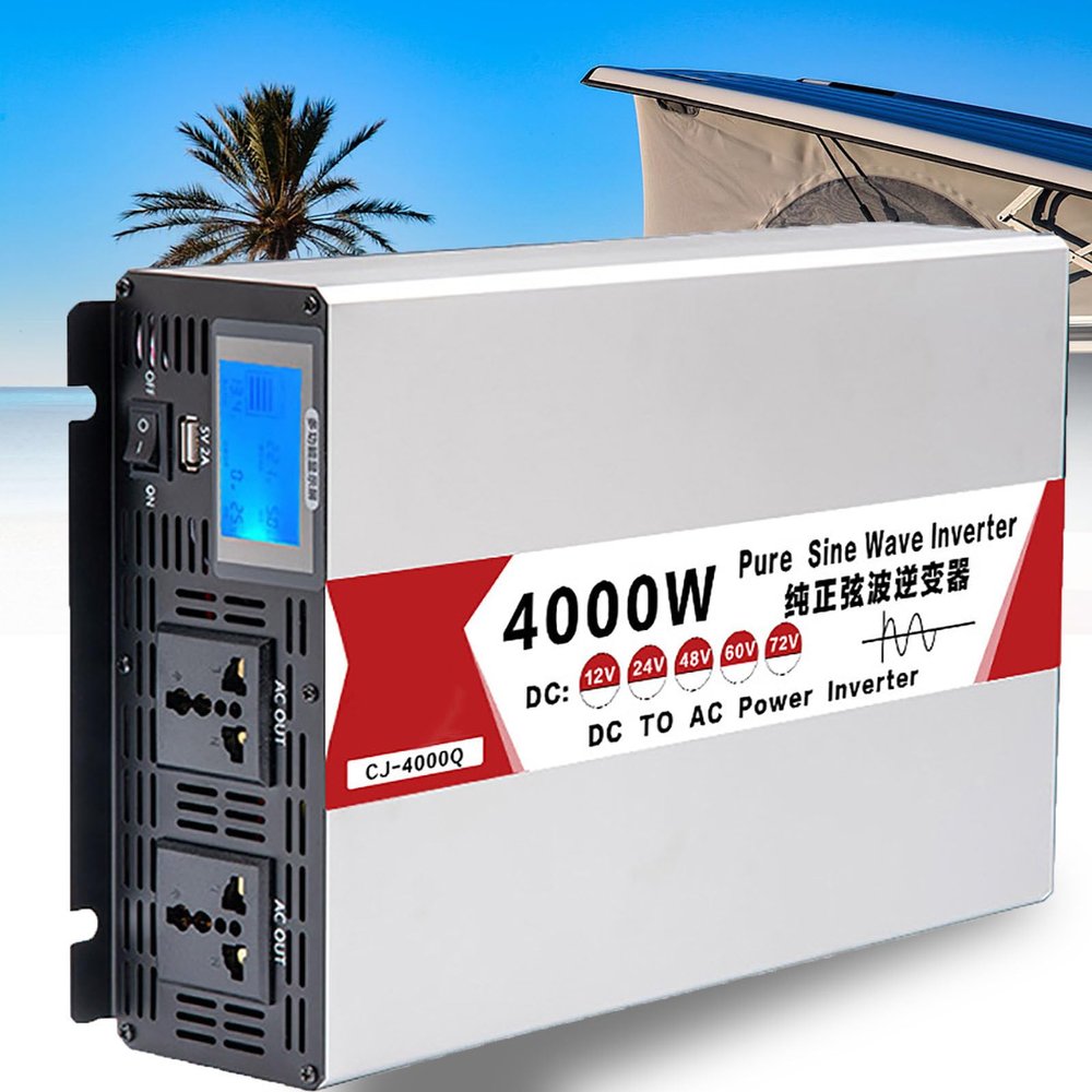 4000W 8000W Pure Sine Wave Power Inverter DC 12V 24V 48V 60V 72V to 110V 220V AC Converter with 2 AC Charger Outlets Charging Ports, Car Power Inverters with LCD Display,4000W-12V