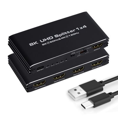 8K@60Hz HDMI Splitter 1 in 4 Out, 1x4 HDMI 2.1 Splitter Support 4K@120Hz, 1080P@240Hz VRR HDCP2.3 HDR 10, 48Gbps EDID Dolby Atmos 7.1ch