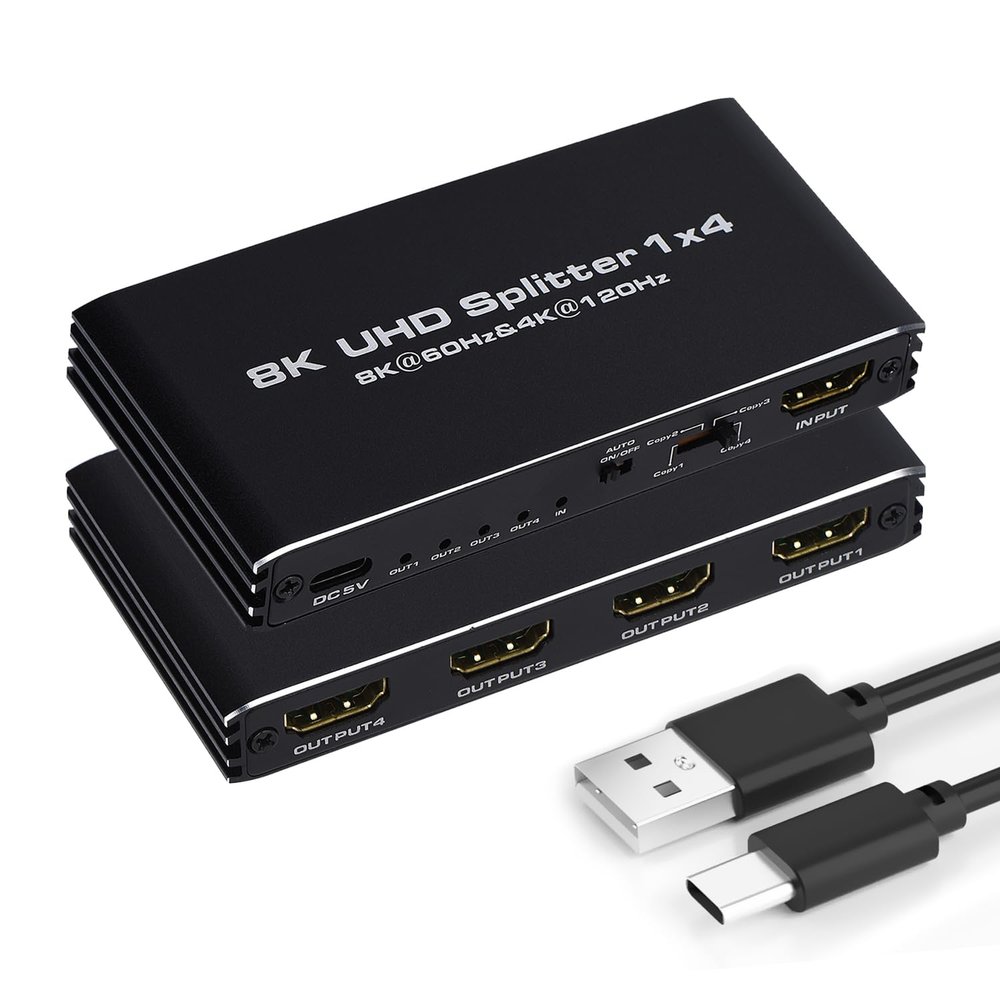 8K@60Hz HDMI Splitter 1 in 4 Out, 1x4 HDMI 2.1 Splitter Support 4K@120Hz, 1080P@240Hz VRR HDCP2.3 HDR 10, 48Gbps EDID Dolby Atmos 7.1ch