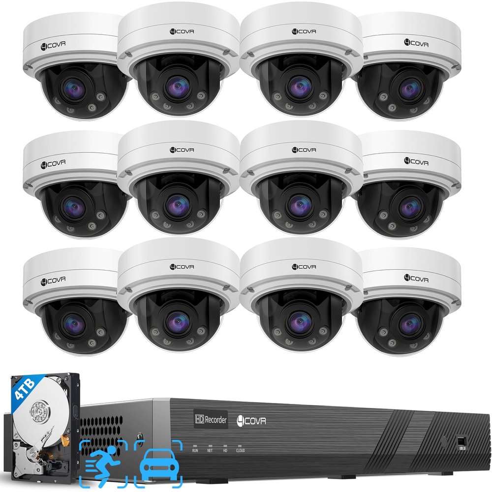 4COVR 16 Channel Security Camera System PoE, 12Pcs IK10 Vandal-Proof 5MP 2.8-12mm Dome IP Camera for Business, IP67 Human/Vehicle Detection, 16CH Commercial 4K NVR 4TB HDD, LY57BA5M1612