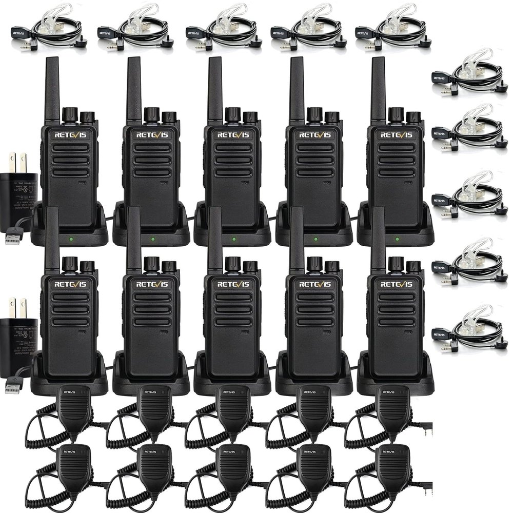 Retevis RT68 Two-Way Radios(10 Pack) Bundle with Shoulder Mic(10 Pack), Long Range Walkie Talkies for Adults, 2 Way Radio with Earpiece, Walkie Talkie Rechargeable with Charging Base