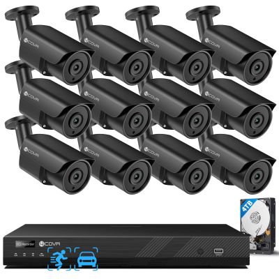 4COVR 16 Channel Security Camera System, Human/Vehicle Detection, Night Vision, 16CH 4K NVR 4TB HDD, 12Pcs 8MP Wired Commercial Bullet PoE IP Camera IP67, Business Surveillance Outdoor, LY37EB8M1612