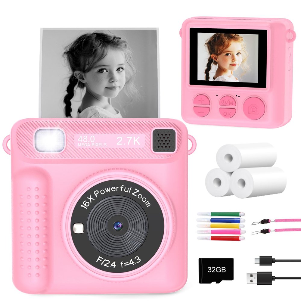 Kids Instant Print Camera - Christmas Birthday Gifts for Girls Boys, Instant Cameras That Print Photos for 4 5 6 7 8 9 10 Year Old Girl Birthday Gift with 32GB SD Card