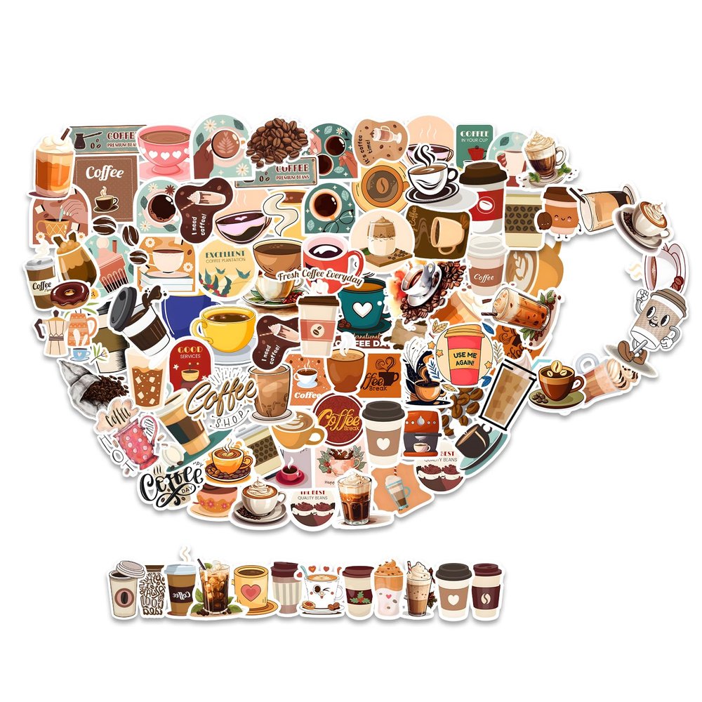 100pcs Unique Coffee Stickers Pack - Vinyl Waterproof Cafe Stickers for Water Bottles Planners Laptops Kindles, Funny Cafe Mug Sticker for Scrapbooking DIY Coffees Shop Scene Mug Decoration
