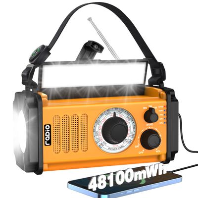 48100mWh Emergency Crank Weather Radio, Solar Hand Crank NOAA/AM/FM Radio, Portable Dynamo Radio, Flashlight & Reading Lamp,SOS,Earphone Jack, Compass for Hurricane Storm Camping Outdoor Survival Kit