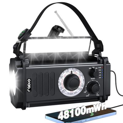 48100mWh Emergency Radio, Portable Solar Hand Crank Radio, AM FM NOAA Weather Radio, 800LM Crank Flashlight & Reading Lamp, Earphone Jack, Compass,SOS for Home Outdoor Camping Hurricane Storm Survival