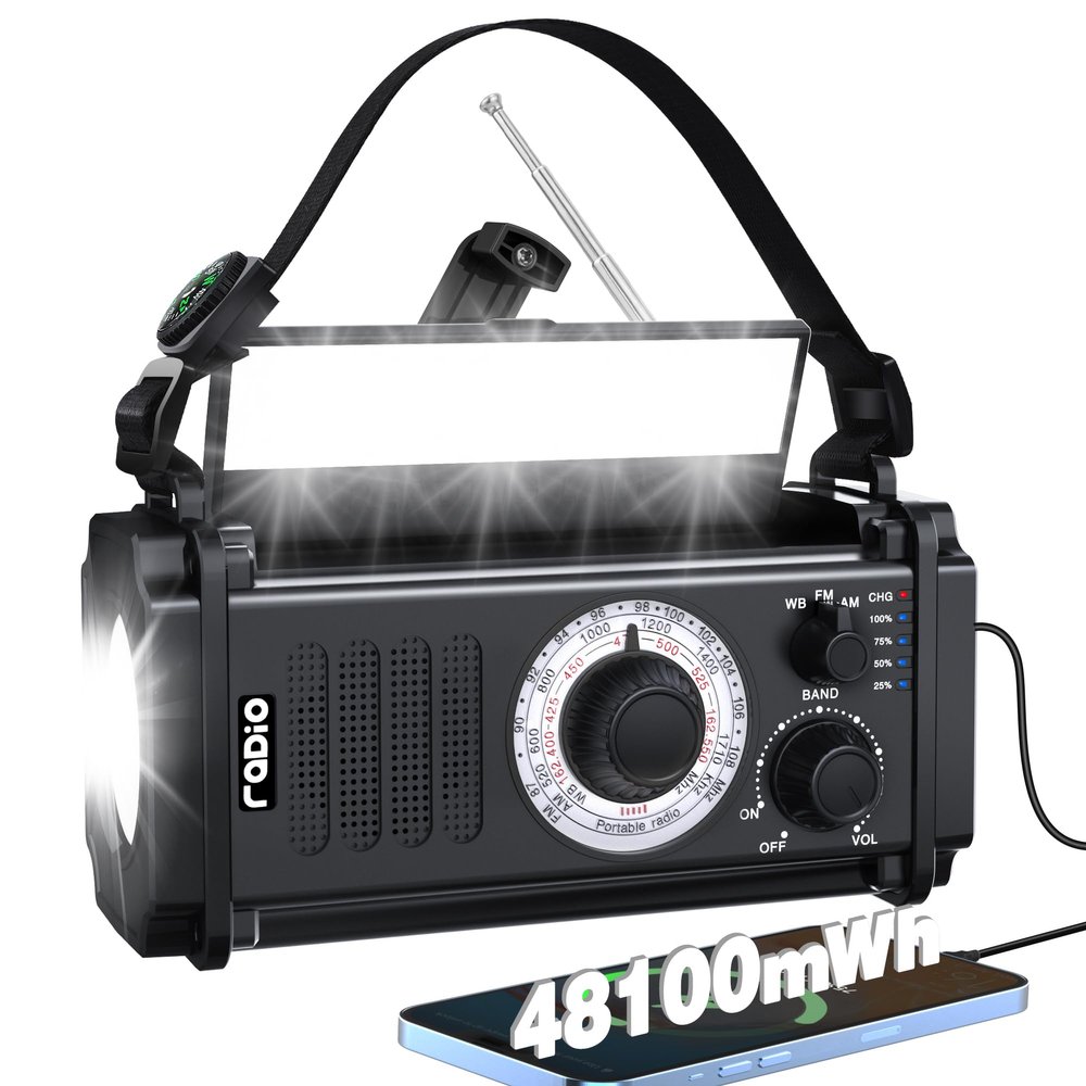 48100mWh Emergency Radio, Portable Solar Hand Crank Radio, AM FM NOAA Weather Radio, 800LM Crank Flashlight & Reading Lamp, Earphone Jack, Compass,SOS for Home Outdoor Camping Hurricane Storm Survival