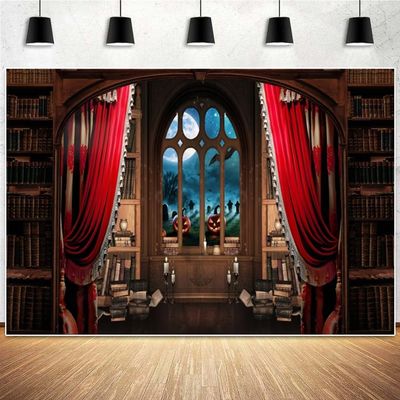 10x8ft Vinyl XMJJKUF Red Curtain Halloween Library Backdrop Full Moon Cemetery Bookshelf Photography Background Halloween Party Decorations Halloween Bookcase Background Studio Props