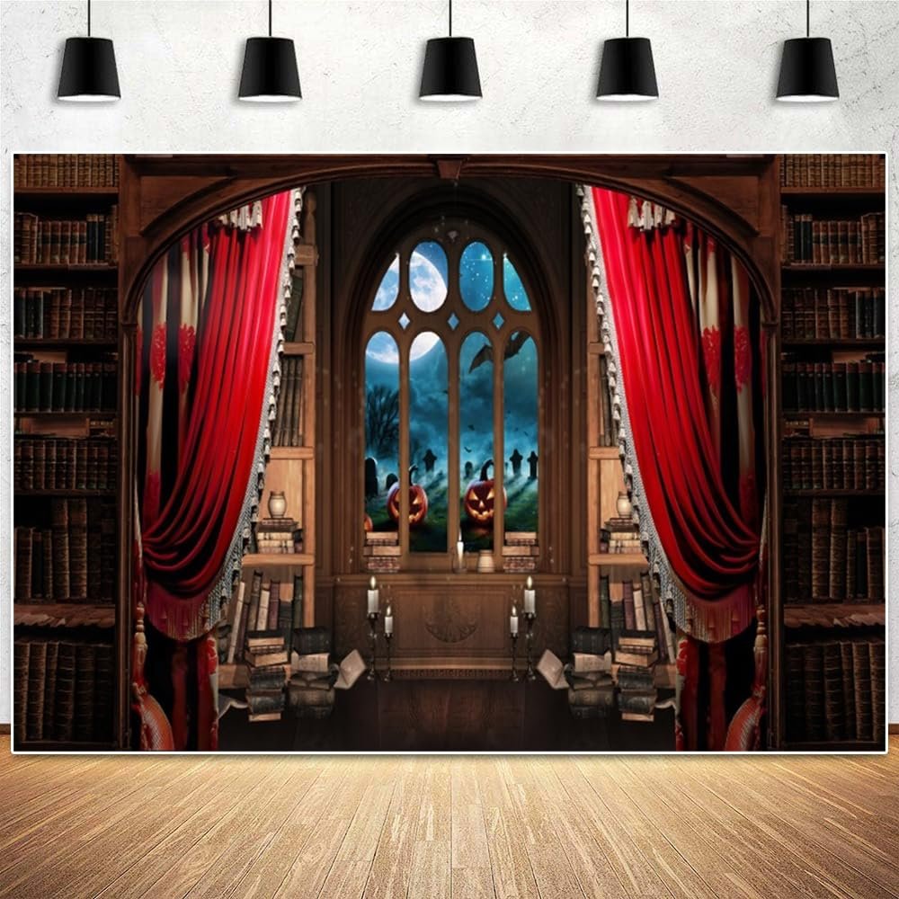 10x8ft Vinyl XMJJKUF Red Curtain Halloween Library Backdrop Full Moon Cemetery Bookshelf Photography Background Halloween Party Decorations Halloween Bookcase Background Studio Props