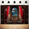 10x8ft Vinyl XMJJKUF Red Curtain Halloween Library Backdrop Full Moon Cemetery Bookshelf Photography Background Halloween Party Decorations Halloween Bookcase Background Studio Props view 1