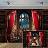 10x8ft Vinyl XMJJKUF Red Curtain Halloween Library Backdrop Full Moon Cemetery Bookshelf Photography Background Halloween Party Decorations Halloween Bookcase Background Studio Props view 2