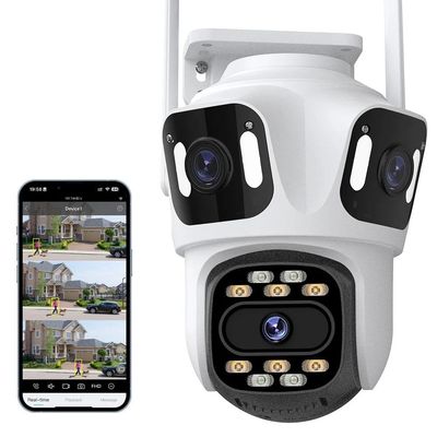 8MP Security Camera Outdoor, HD Three Screen External Wifi Camera Outdoor Dual Lens Auto Tracking Security PTZ Cam Video Surveillance,Add 32g