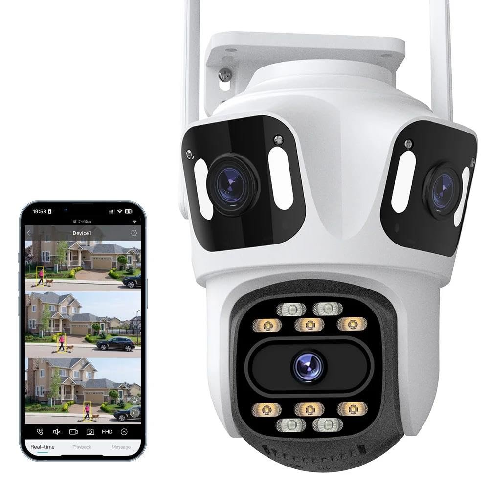 8MP Security Camera Outdoor, HD Three Screen External Wifi Camera Outdoor Dual Lens Auto Tracking Security PTZ Cam Video Surveillance,Add 32g