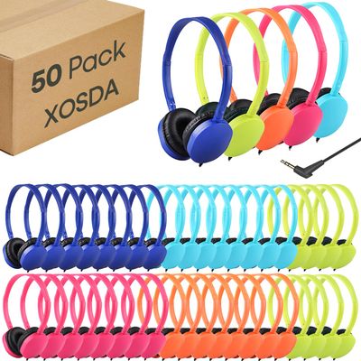 XOSDA 50 Pack Bulk Headphones for Kids School Classroom,Wholesale Children Wired Headphones with 3.5mm Jack for Students Adults Teen Toddler Boys Girls Earphones(PU102,50 Mixed)