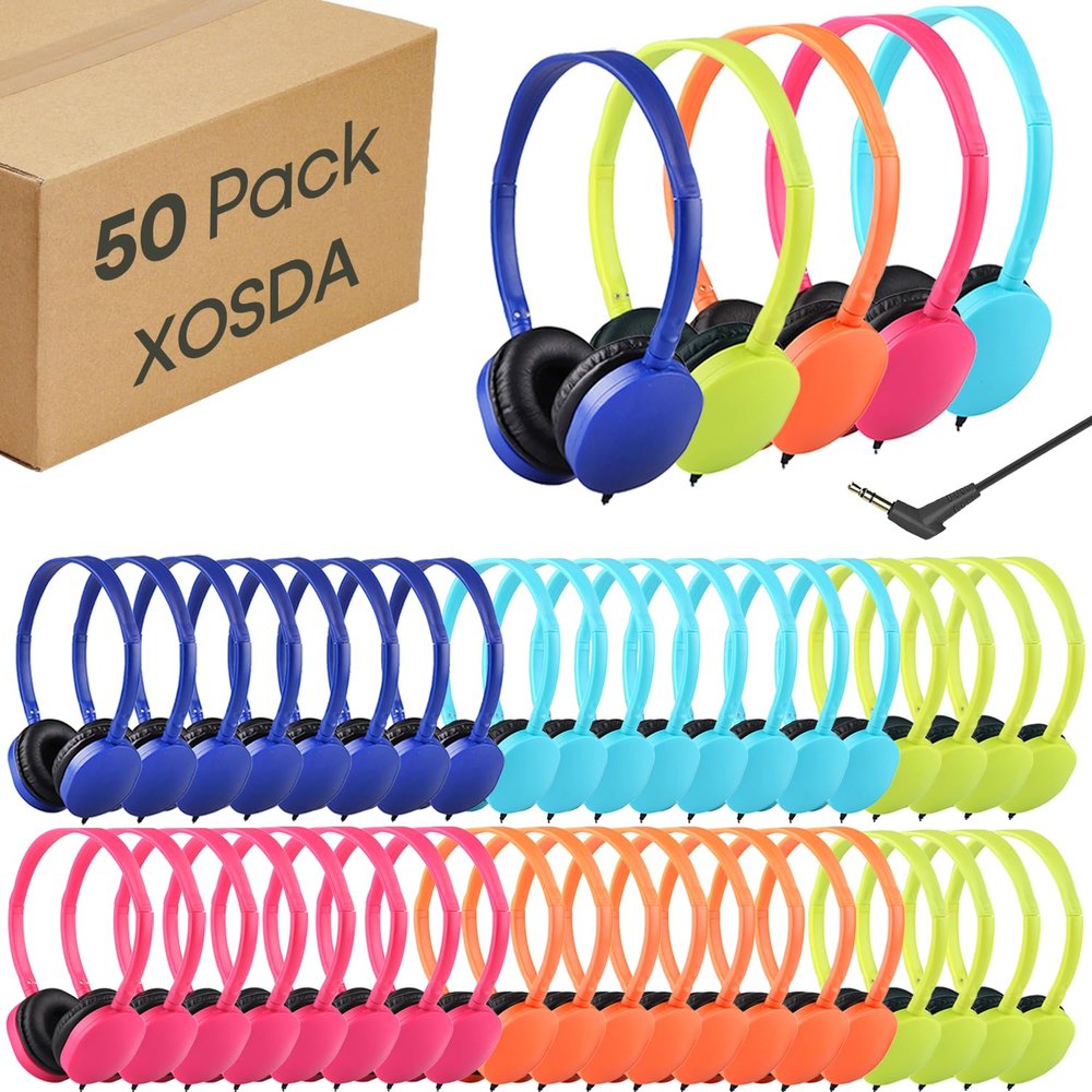 XOSDA 50 Pack Bulk Headphones for Kids School Classroom,Wholesale Children Wired Headphones with 3.5mm Jack for Students Adults Teen Toddler Boys Girls Earphones(PU102,50 Mixed)