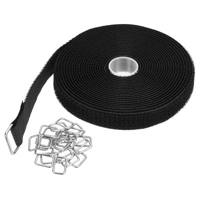 PATIKIL Hook and Loop Straps 0.8 in x 16 Ft with 25pcs Metal Buckle, Adjustable Cinch Straps Fastening Cable Straps for Bundling Storage Organization, Black