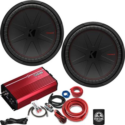 KICKER Subwoofers and Amp Package of 4 Items - 15" CompR 1600 Watt Subs, DS18 Class D Monoblock Amplifier (Red), and Complete 0AWG Wiring Kit 48CWR152(2)+FRP-3.5K/RD+AMPKIT0